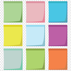 Sticky Notes set. Multicolored sticky notes isolated on transparent background. Colored paper set.