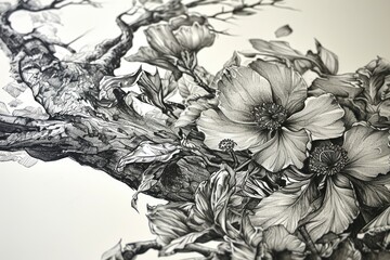 detailed black and white drawing of flowers and branches