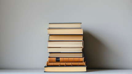 stacked books on wooden surface, muted background