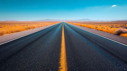 Fototapeta na wymiar endless road through colorful desert under blue sky