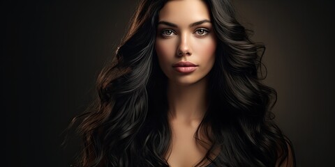 Fototapeta premium Woman with long black hair wearing black shirt.