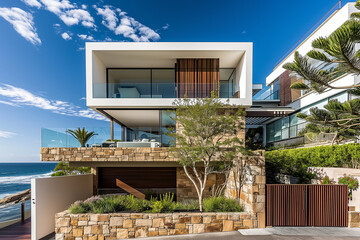 Modern exterior front facade of new contemporary Bondi house in Australia, residential architecture concept