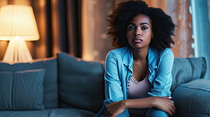 Fototapeta premium Black woman feeling depression symptoms alone at home