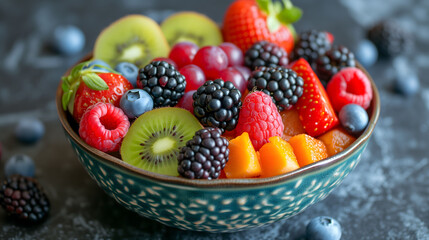 assorted fresh fruits in decorative bowl on gray