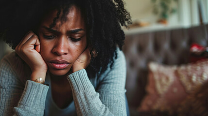 Black woman feeling depression symptoms alone at home - obrazy, fototapety, plakaty