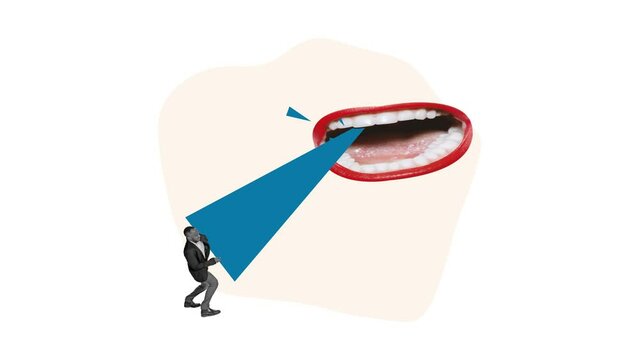 Stop motion. Animation. Gian female mouth shouting at businessman, employee, office worker. Having pressure at work. Dominant. Concept of business, career, profession and motivation, struggle