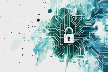 Cybersecurity concept with padlock on circuit board design - obrazy, fototapety, plakaty