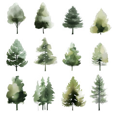 set of trees isolated on transparent background, watercolor png, landscape architecture - obrazy, fototapety, plakaty