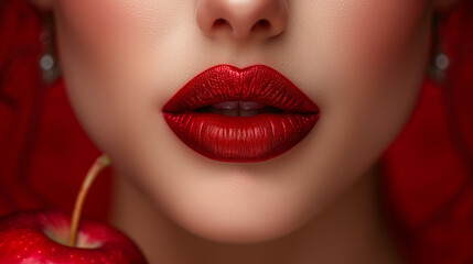 Close up of a woman's red lips near an apple.