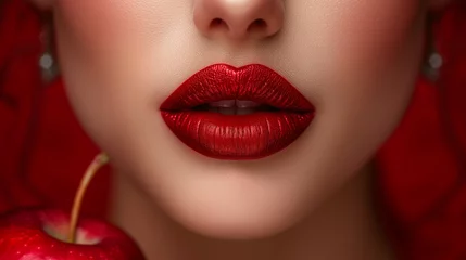 Fotobehang Close up of a woman's red lips near an apple. © Inspired