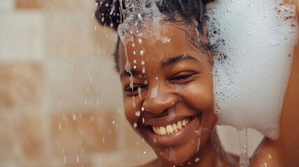 Close-up of smiling African woman taking a shower with gel or shampoo foam in bathroom - Powered by Adobe