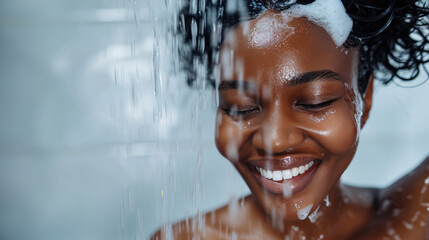Close-up of smiling African woman taking a shower with gel or shampoo foam in bathroom - obrazy, fototapety, plakaty