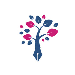 Tree pen vector logo design template. Writer and nature logo concept.