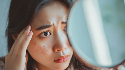 Dermatology, expression face worry asian young woman looking mirror hand touch facial at dark spot of melasma, freckles from pigment melanin, allergy sun. Beauty care, skin problem treatment, skincare - obrazy, fototapety, plakaty
