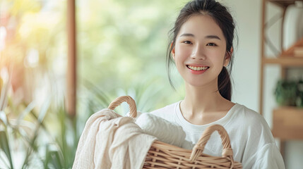 Happy smiling Asian Chinese woman carrying a laundry cloth basket; portrait of girl domestic helper, woman housekeeper, housewife, woman maid holds laundry cloth basket; Asian young adult woman model