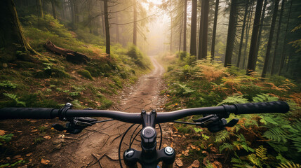 Mountain bike on a challenging forest trail --ar 16:9 --v 6.0 - obrazy, fototapety, plakaty