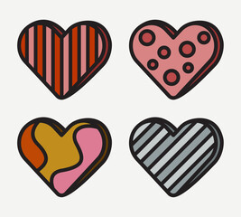 Set of colorful Valentine's Day, birthday, Mother's Day hearts with geometric patterns