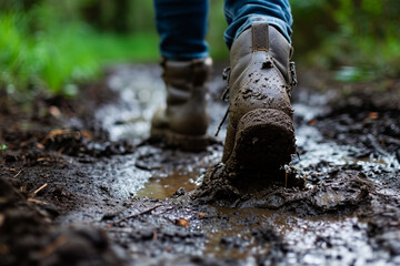 Close-up of a person's feet walking on muddy ground. Suitable for outdoor adventures or nature-themed projects