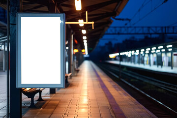 Mock-up of a white billboard with digital signage at the railway station in the evening