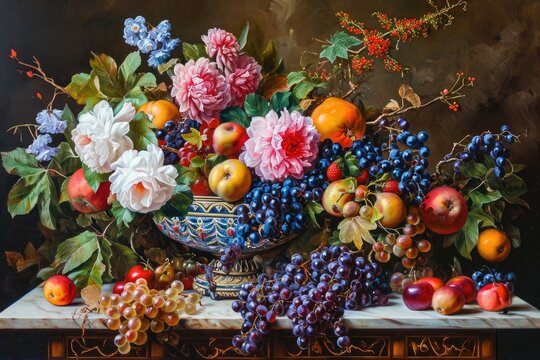 realistic still life painting of flowers and fruits in a porcelain bowl on a marble table