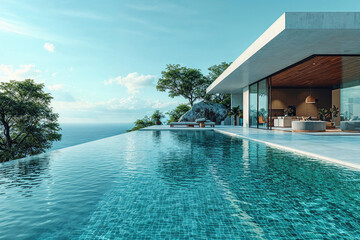 Fototapeta premium Modern and minimalist luxury house with swimming pool by the sea