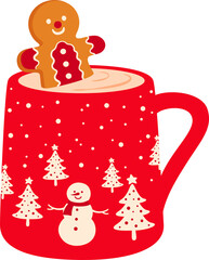Christmas mug with hot drink and gingerbread man
