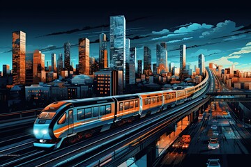 City train or commuter train, High speed train in motion on the railway station at sunset. Fast moving modern passenger train on railway platform. Generative ai
