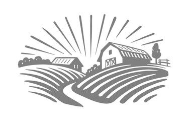 Farm House vector logo template. Retro landscape