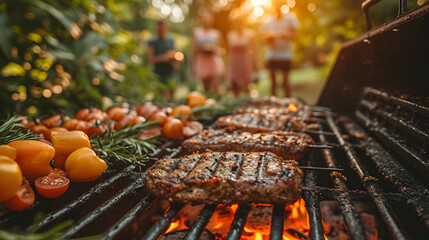 Delicious barbecue of grilled meat and vegetables and a family in the blurred background in spring...