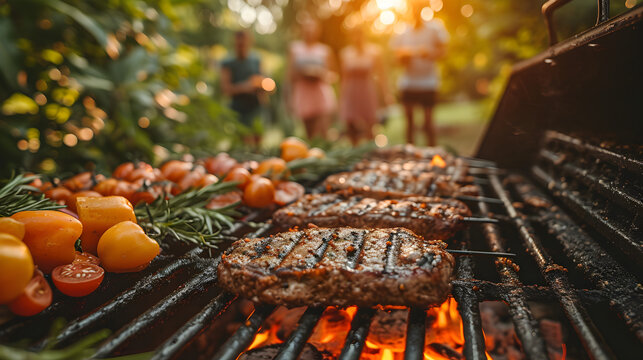 Delicious barbecue of grilled meat and vegetables and a family in the blurred background in spring outdoors.