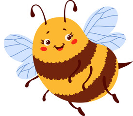 Bee cartoon character, flying cute comic bumblebee