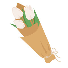 Decorated bouquet in craft paper of spring flowers on white. Bunch of white tulips. Design element vector illustration for International Women's Day on March 8 or happy birthday