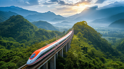 High-speed bullet train crossing a scenic landscape --ar 16:9 --v 6.0 - obrazy, fototapety, plakaty