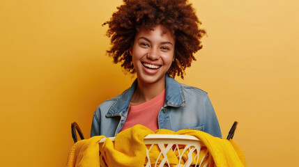 Happy woman holding laundry basket