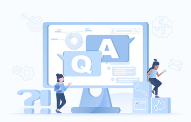 Business ideas and FAQ concept. Business people asking question, answer, FAQ, strategy planning, evaluation, problem solving, data analysis. Flat vector design illustration.