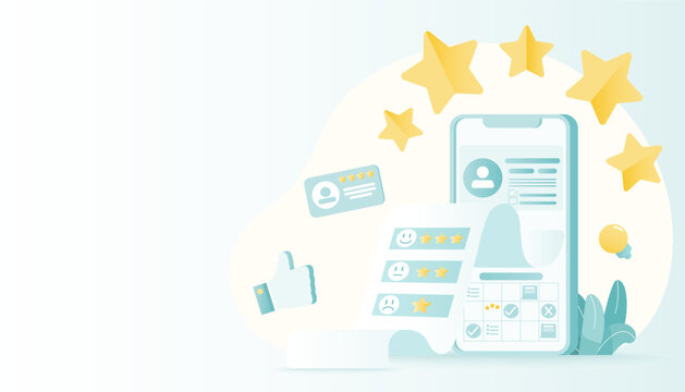 Analyzing customer reviews data, ratings, and comment to improvement customer loyalty. Online customer review and give rating star. Flat vector design illustration with copy space.
