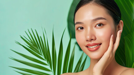 High-quality crop photo of skincare and cosmetics concept with copy space for text. Woman with beautiful face touching healthy facial skin portrait. Beautiful happy Asian girl model with natural