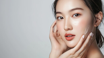 High-quality crop photo of skincare and cosmetics concept with copy space for text. Woman with beautiful face touching healthy facial skin portrait. Beautiful happy Asian girl model with natural