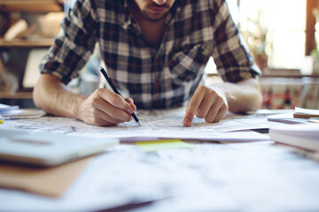 Man Sitting at Table Writing on Piece of Paper