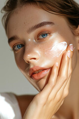 Hydration. Cream smear. Beauty close up portrait of young woman with a healthy glowing skin is applying a skincare product.