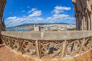 View from the terrace of the medieval Cathedral of Santa Maria of Palma of the roof of the Royal Palace of La Almudaina, Palma de Mallorca, Spain - 711646318