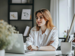 Beautiful businesswoman sitting at desk in office and working on laptop