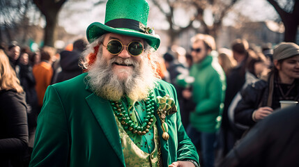 grupo de personas vestidas de verde, personas celebrando el dia de san patricio - obrazy, fototapety, plakaty