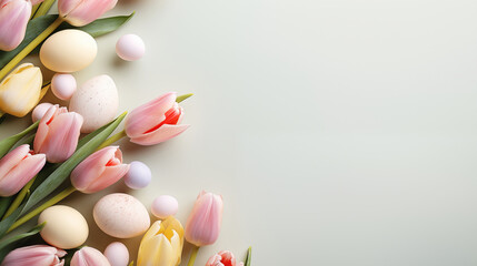 Spring calm Serene composition of tulips and Easter eggs on a soft pastel background. Template, layout for Easter holiday card
