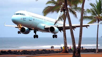 Fototapeta premium An Airbus plane takes off among the clouds against the background of a blue sky of palm trees and the ocean coast.