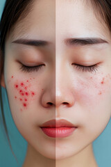 Image before and after spot red scar acne pimples treatment on face asian woman. Problem skincare and beauty concept.