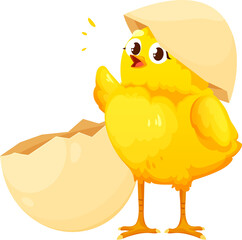 Chicken hatching from egg, funny cartoon character