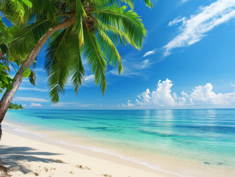 Beautiful beach with palm trees at Seychelles, Mahe