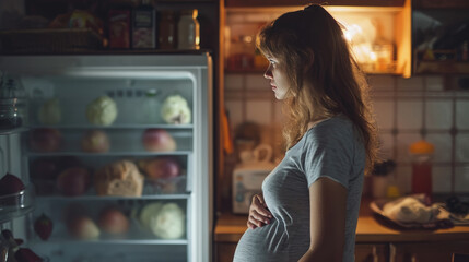 A hungry pregnant woman looks into the refrigerator at night. - obrazy, fototapety, plakaty