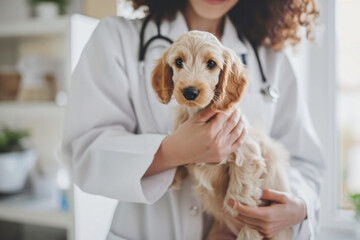 Woman in White Lab Coat Holding Dog With Pertinent Medical Tools - obrazy, fototapety, plakaty